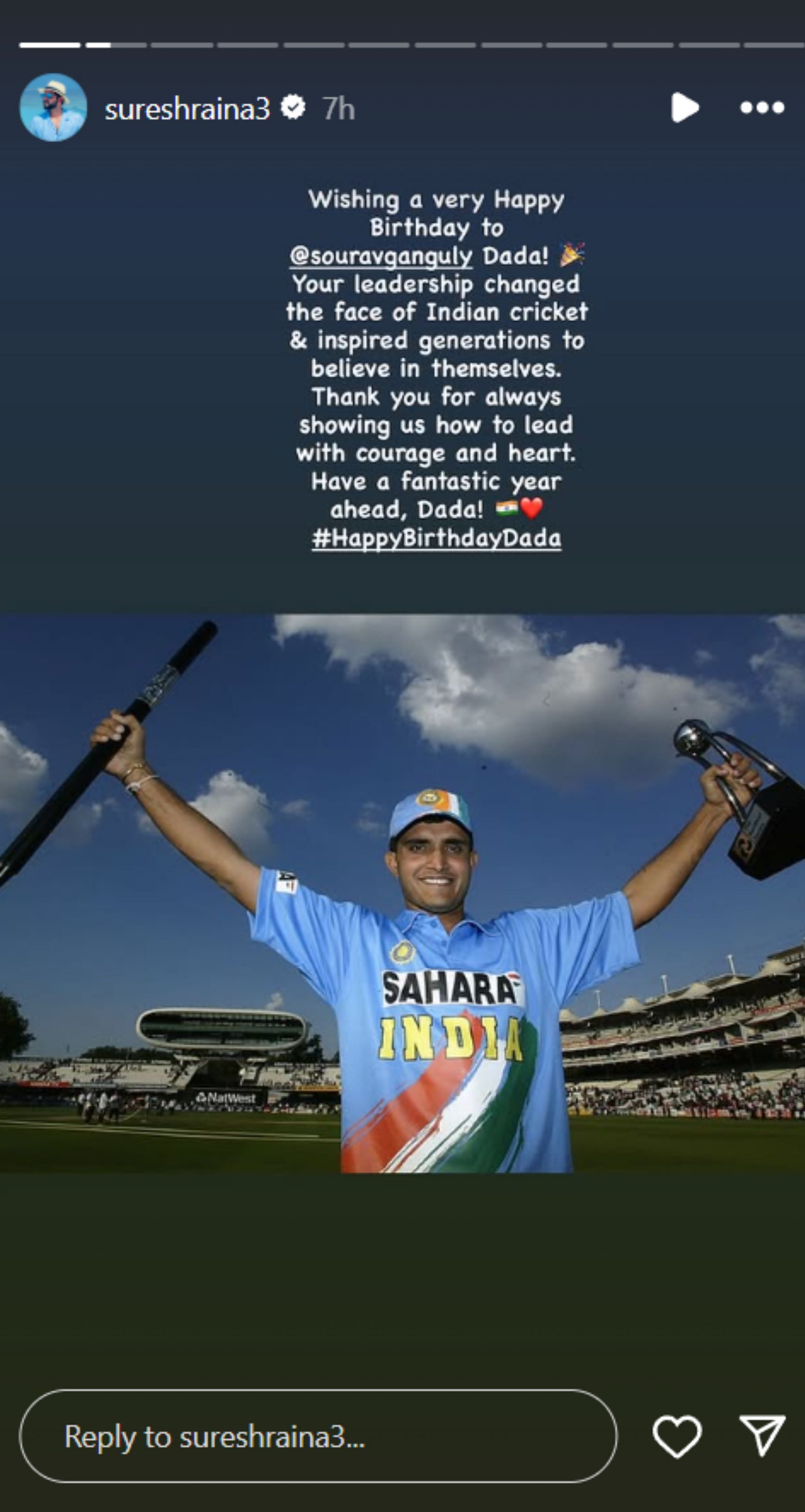 Suresh Raina's birthday wish to Ganguly on Instagram. (Image: Suresh Raina/Instagram)